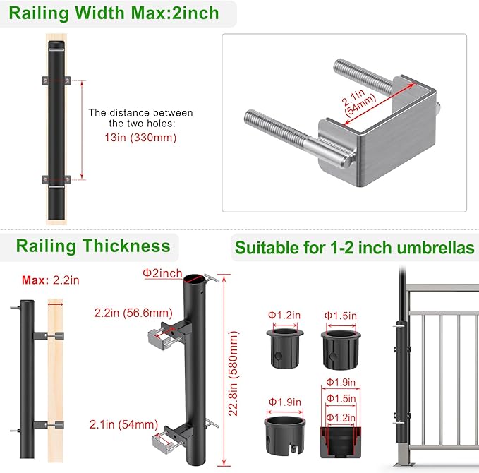 Dolibest Heavy Duty Patio Umbrella Holder, Steel Deck Clamp Holder up to 2'' Umbrella Pole, Deck Mount Umbrella Holder, Space Saving Design, Attaches to Railing Max Width 2 inch, Easy Installation