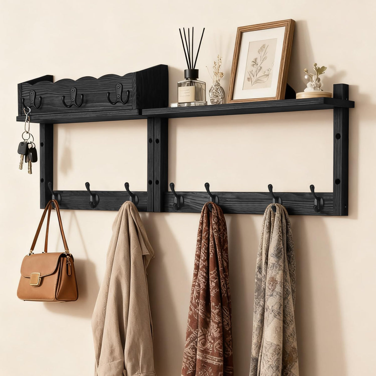 28" Coat Rack Wall Mount with Shelf with 7 Hooks 3 Key Hanger - Image 1