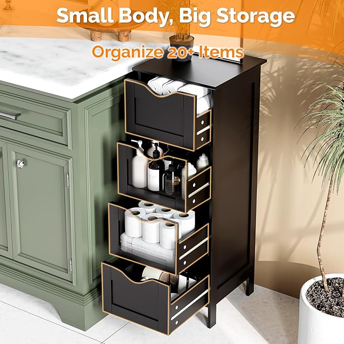 Bonnlo Slim Bathroom Floor Cabinet, 4-Drawer Wooden Freestanding Storage Unit, Small Side Organizer for Narrow Spaces, Compact Bathroom Storage Cabinet for Kitchen, Hallway & Office, Matte Black