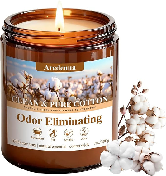 Clean & Pure Cotton Odor Eliminating Candles | Eliminates 95% of Pet, Smoke & Bathroom Odors – 7 oz Hand Poured Non-Toxic Soy Candle - Fresh Air Scented Candle Gentle for Pet - Gifts for Families