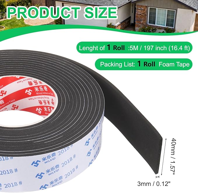 PATIKIL Sponge Rubber Foam Tape, 1 9/16" W x 1/8" t x 16.4ft l Self-Adhesive Foam Insulation Tape Weather Stripping for Window Door Soundproofing Weatherstrip AC Seal Strip, Black