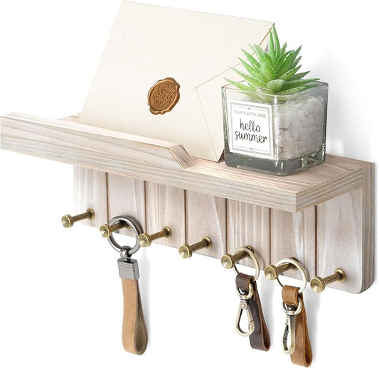 Rebee Vision Key Holder Wall Mount for Farmhouse Decor - Key and Mail Holder for Wall with 7 Sturdy Key Hooks and Floating Shelf - Ideal for Apartment Essentials (Natural Wood