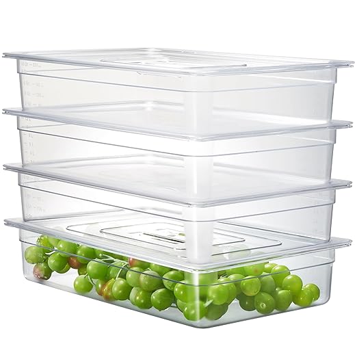 CURTA 4-Pack Full Size 4" Deep NSF Polycarbonate Food Pans with Handled Lids & Drain Trays | Dishwasher & Freezer Safe Clear Container for Prep Tables, Buffet, Salad Bar, Commercial & Home Kitchen
