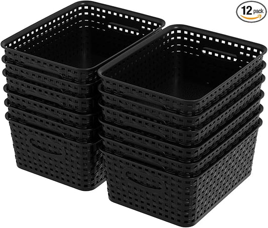 Plastic Shelf Storage Baskets, Plastic Pantry Weave Basket, Black, 12 Packs