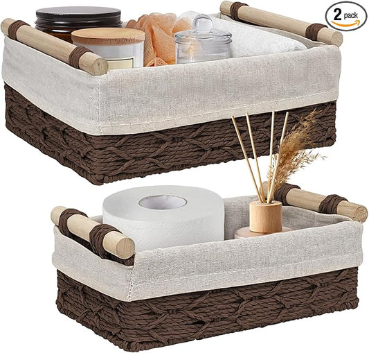 Wicker Storage Baskets with Wooden Handle, Decorative Paper Rope Organizer Bins for Home, Bathroom, or Countertop, Small Baskets Set of 2 (Dark-Brown)