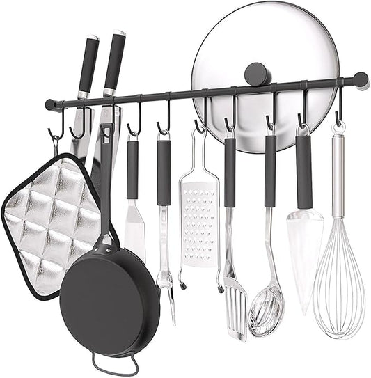 Wall Mounted Utensil Holder, Stainless Steel 20 inch Hook Bar Utensils with 10 Pcs Noiseless Sliding Hooks, Spoon Rack Hanger Bar Tool Organizer for Kitchen. (Black)
