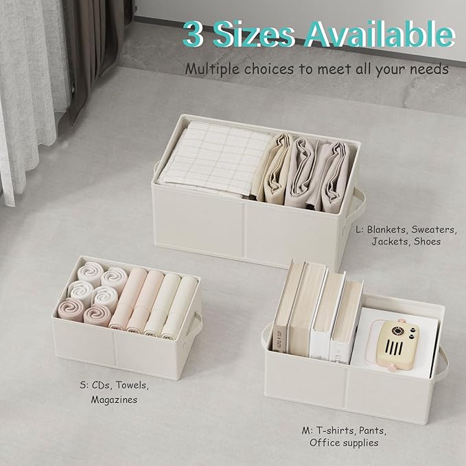 Storage Bins, 3 Pack Foldable Cloth Basket, Cube Organizer with 2 Handles, Suitable for bedrooms, living rooms, wardrobes, and workspaces, Beige, 13 x 9.1 x 5.5 In, XSNY11BES-3