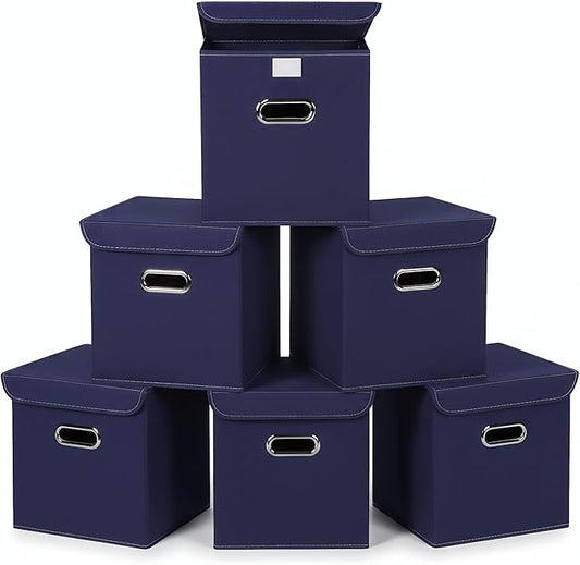 Closet Organizers Fabric Storage Bins With Lids Collapsible Cube Storage Organizer Basket With Handles,Storage Boxes for Clothes Storage,Office,Laundry,Shelves,6 Pack,（Navy Blue）