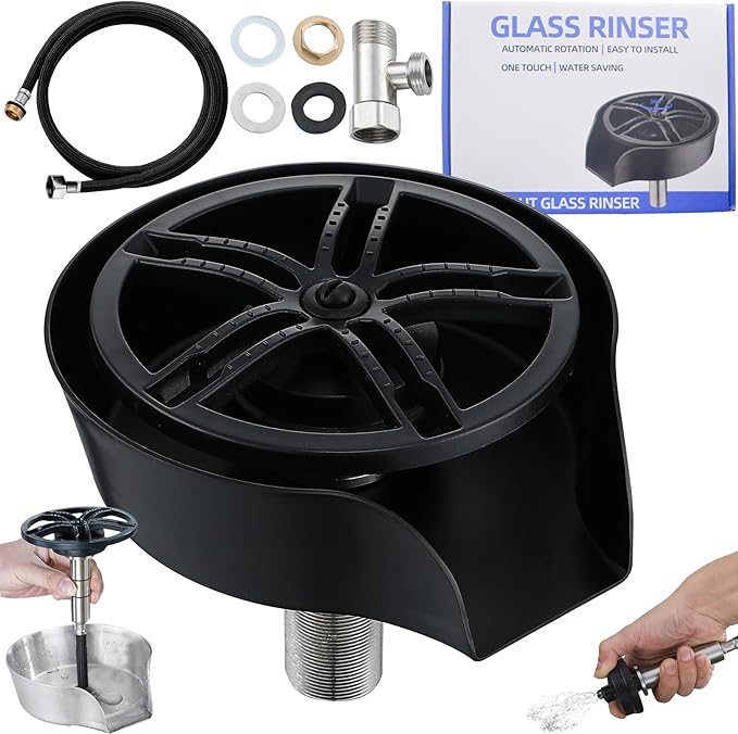 Glass Rinser and Cup Washer for Sink, 360° Rotating Spray Nozzle with Pull-Out Design, Bottle Cleaner - Tilted Base Prevents Splashing, Kitchen Sink Accessories for Home & Bar (Easy Install-Black)