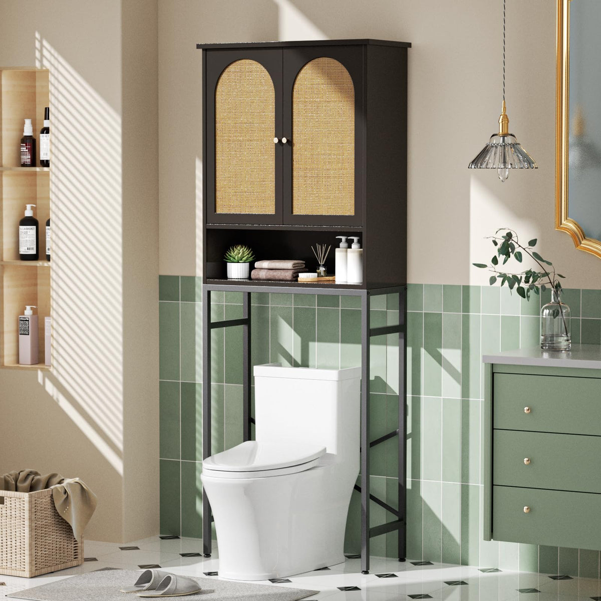 Rattan Toilet Storage Cabinet, Over The Rack Wood Cabinet - Image 1