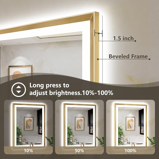 40x32 Gold Framed LED Bathroom Mirror with Lights, Backlit and Front Light, Lighted Bathroom Vanity Mirror for Wall Dimmable Anti-Fog Memory Tempered Glass Horizontal/Vertical