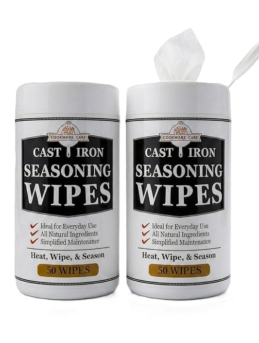 Cookware Care Cast Iron Seasoning Oil Wipes, 100 Wipes, Made in USA with Grapeseed Oil for Cast Iron Skillet, Blackstone Griddle (2 pack)