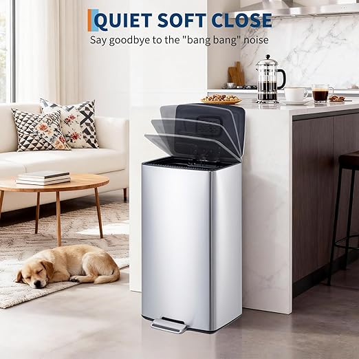 Kitchen Trash Can with Soft Close Lid & Foot Pedal, 40 Liter / 10.6 Gallon Stainless Steel Garbage Can with Odor Filter & Removable Inner Bucket, Rectangular Waste Bin for Home Kitchen Office