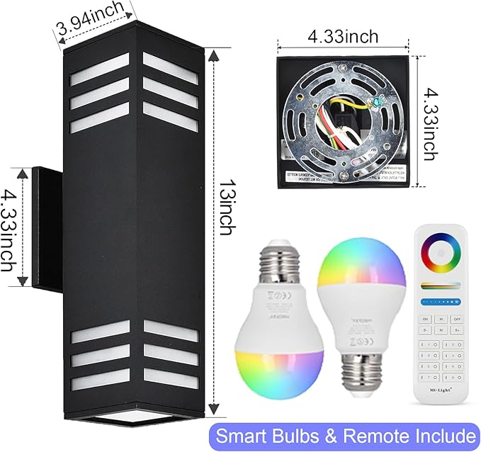 wowlite Up and Down Lights Outdoor Wall Sconce, 1200LM LED Outdoor Light Fixtures Wall Mount Exterior Lights for House, Smart RGBCW Black IP65 Waterproof Porch Lights Works with Remote and App Via Hub