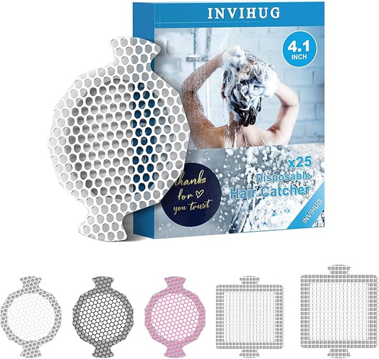 INVIHUG,25 Pack,Disposable Shower Drain Hair Catcher Mesh Stickers,4 Inch Disposable Hair Drain Catcher.(White,4.1inch)