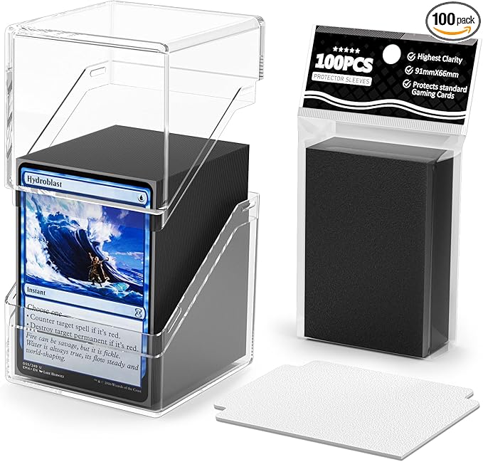 Card Deck Case, Deck Box with 100 Pack Card Sleeves and Divider, Standard Clear Commander Cards Storage Box Perfect Fit for MTG, Sport, Trading Cards (Black)