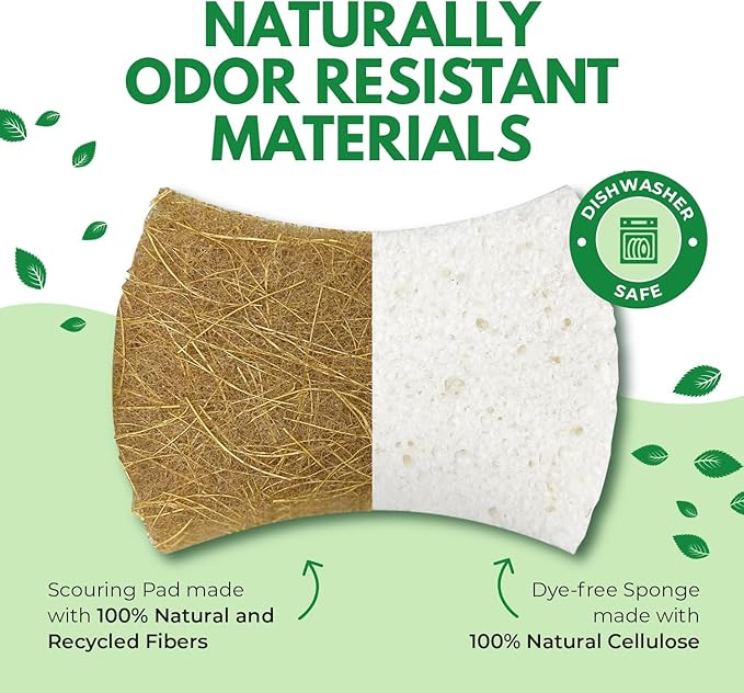 Natural Kitchen Sponges (12 Pack) - Biodegradable Cellulose & Coconut Scrubber Dish Sponge for Kitchen - Eco-Friendly, Non Scratch, Compostable, Non Toxic Natural Sponges for Dishes