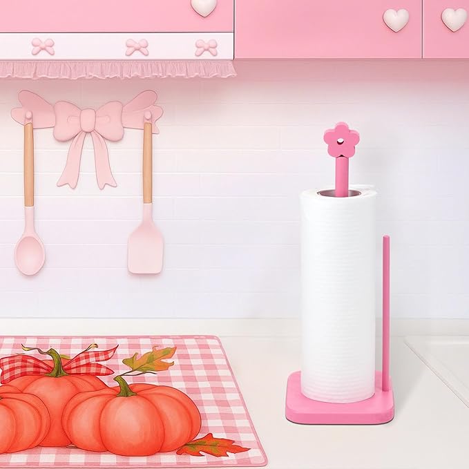 Leinuosen Pink Flower Paper Towel Holder Coquettish Cute Flower Wooden Paper Towel Holder Pink Bathroom Countertop Accessories Kitchen Roll Stand Organizer Standing Apartment Decor Housewarming Gift