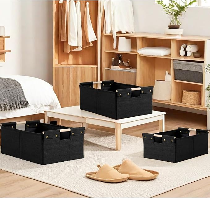 2PCS Storage Bins Cotton Linen Fabric Storage Boxes Basket with Wooden Handles Foldable Washable Decorative Shelf Container Closet Clothes Organizer Home Laundry (Medium Size, Black)