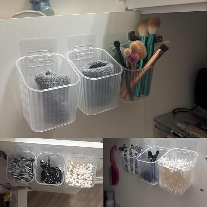6Pack small Wall Mount Organizer, Adhesive Cabinet Door Storage Bins, Clear Makeup Container, Stackable Organizer Basket for Kitchen, Bathroom, Cabinet, Pantry, Office，Refrigerator Small Items storage