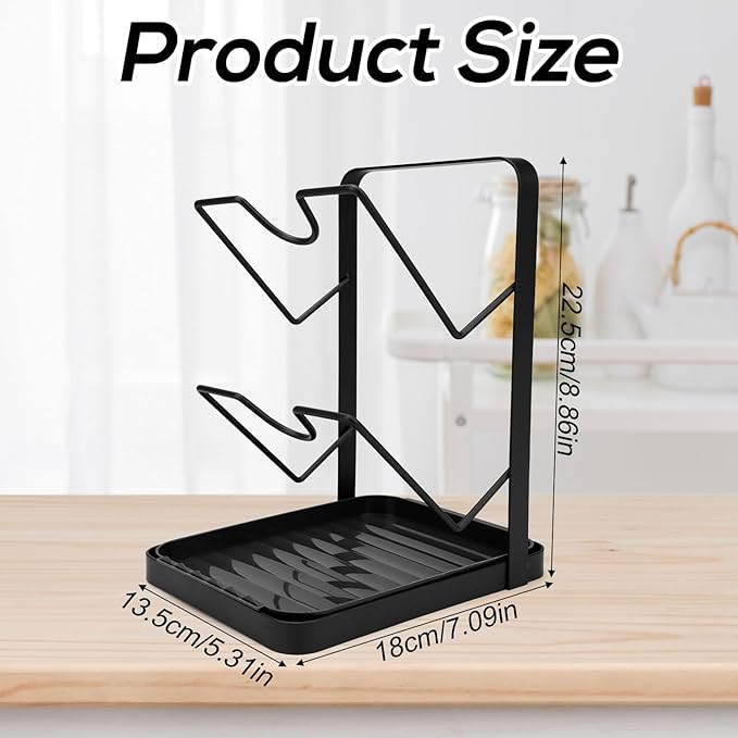 Kitchen Pot Lid Storage Rack with Drip Tray, Carbon Steel Double-Layer Pot Lid Holder While Cooking, Spoon Rest Counter Lids Stand Organizer for Pans Pots (Gun Gray)