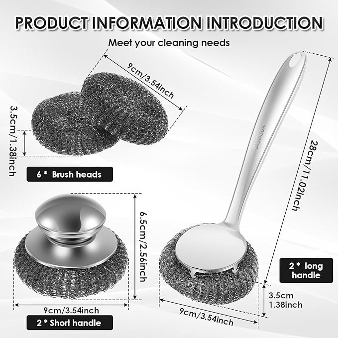 Steel Wool Scrubber Dish Brush with Handle, Detachable Stainless Steel Scrubber, Ergonomic Handle Stainless Steel Wool Scrubber, Reusable Stainless Steel Dish Scrubber for Cleaning Dishes (10pcs)