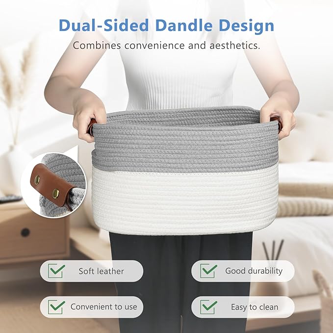 Cotton Rope Basket, Storage Baskets with Handle, 15x10x9 Inch Woven Basket for Shelves, Laundry, Towels, Clothes, Books (White/Grey 1Pack)