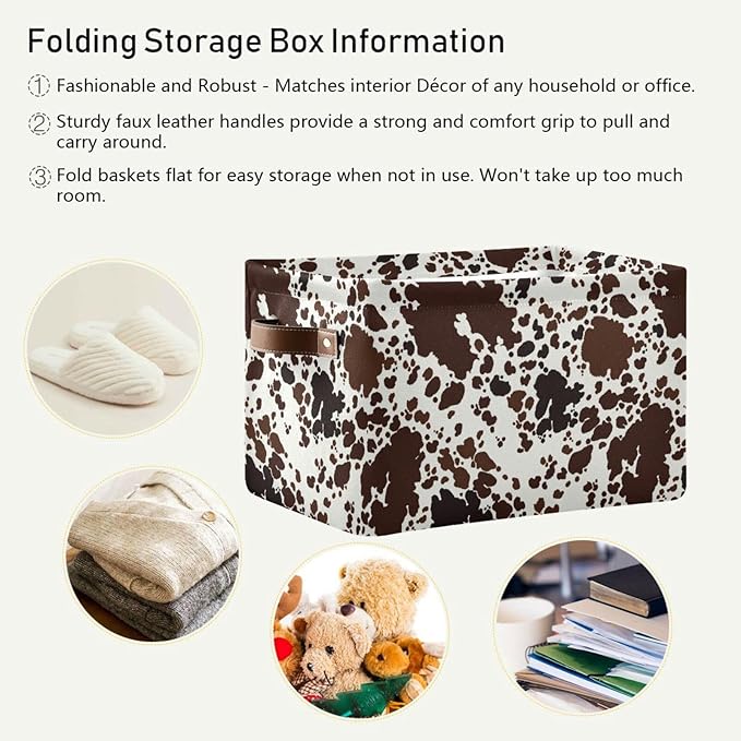 Storage Basket Cow Print Rectangular Collapsible Canvas Shelves Storage Bins with Leather Handles for Shelves Home Closet Bedroom Living Room, 1Pack