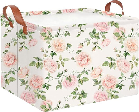 CLOCOR Rectangular Storage Basket Empty,Gift Basket,Waterproof Storage Bin with Handles,Room Decor(Watercolor Rose)