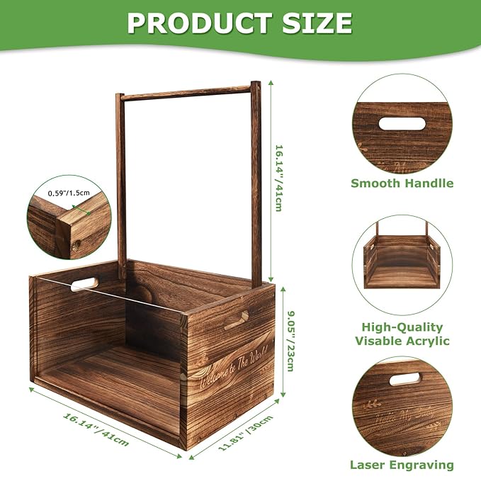PIIOSER Baby Shower Crate Closet, Multifunctional Wooden & Acrylic Visible Baby Storage Box with Handle, Newborn Welcome Baby Toy Baskets for Boys Girls, Pregnancy Gifts for New Moms (Brown)
