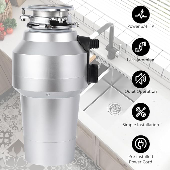 0.75HP 3/4HP Garbage Disposal, 560W 110V Continuous Feed Food Waste Disposer with 14 in Power Cord, 4200r/Min Food Waste Grinding System for Kitchen Sinks, Wireless Switch