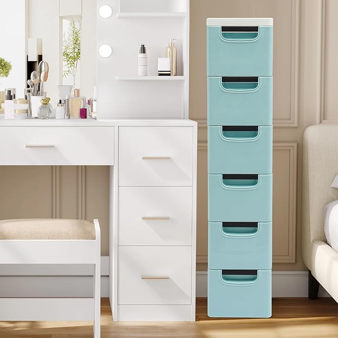 6 Drawers Storage Cart Rolling Storage Drawer Cart Narrow Plastic Dresser Rolling Organizer Cart Storage Unit on Wheels Bathroom Art Craft Supplies Mobile Slim Utility (Blue)