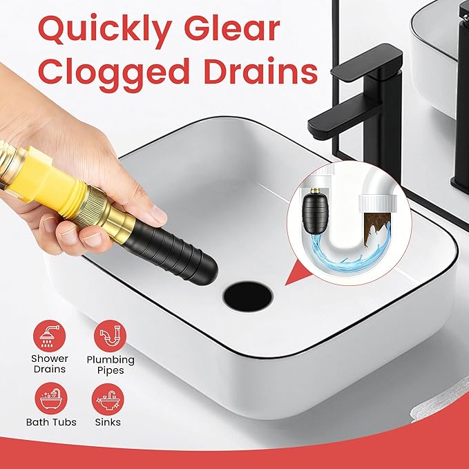 3-Pack Drain Cleaning Bladder Kit, Water-Powered Clog Remover for 1″–6″ Straight Pipes, 10FT Hose with Shut-Off Valve & Brass Faucet Adapter, Ideal for Floor Drains, Cleanouts & Main Lines