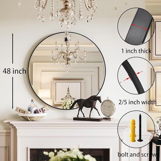 Growsun 48 inch Large Round Mirror, Bathroom Mirror for Wall, Metal Frame Round Mirror for Fireplace Living Room Wall Decor, Black Frame