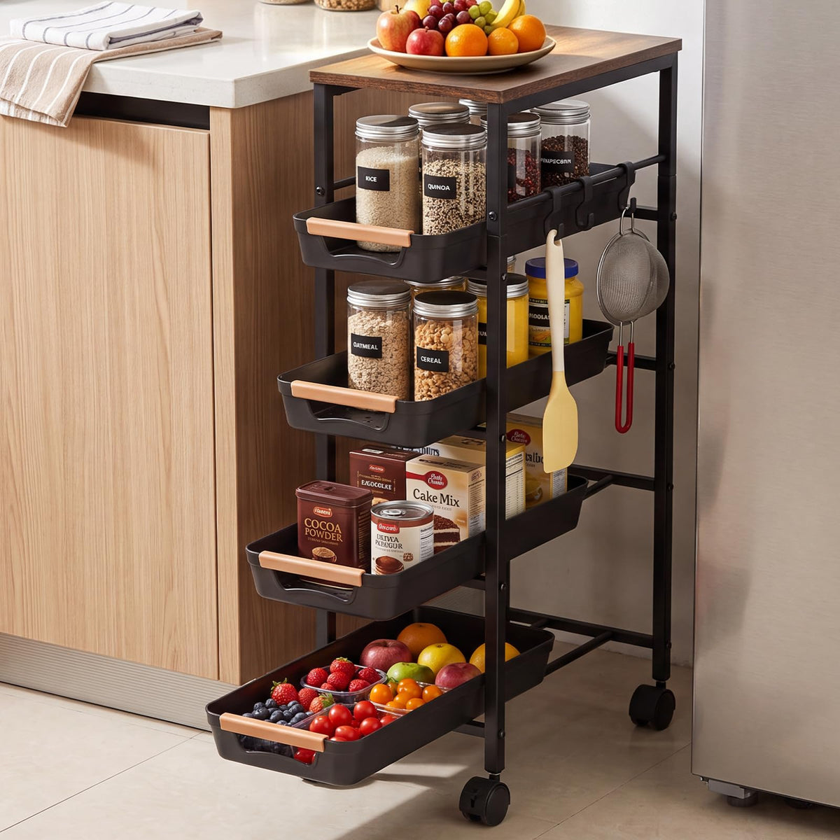 5 Tier Slim Rolling Storage Cart with Pull-Out Drawers, Black - Image 1