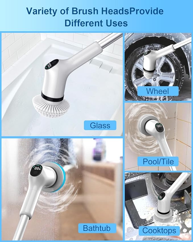 Electric Spin Scrubber, 2024 Upgrade Cordless Shower Scrubber with 8 Replaceable Brush Heads and 3 Adjustable Speeds, LED Screen and Extension Handle (Black)
