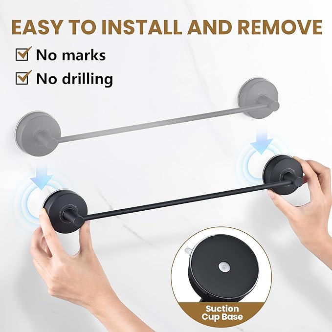 JOMOLA Towel Bar Suction Hand Towel Rack for Bathroom Stainless Steel Kitchen Towel Rail Holder Storage Hanger No Drilling Towel Bar Matte Black,17 inches