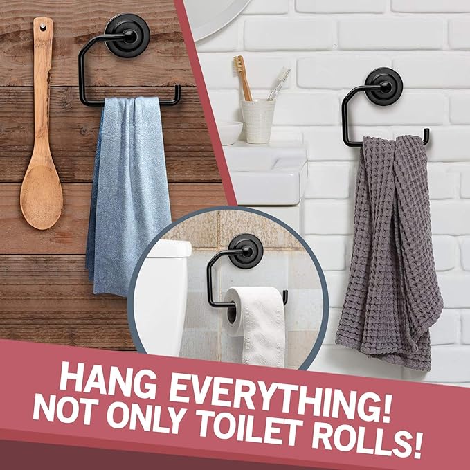Jack N’ Drill 1 Pack Toilet Paper Holder with Free Wall Mounted Multipurpose Coat Hook for Towels, Bathroom Accessories and Decor, Classy and Modern Black Finish for All Bathroom Styles (2 Pack Black)