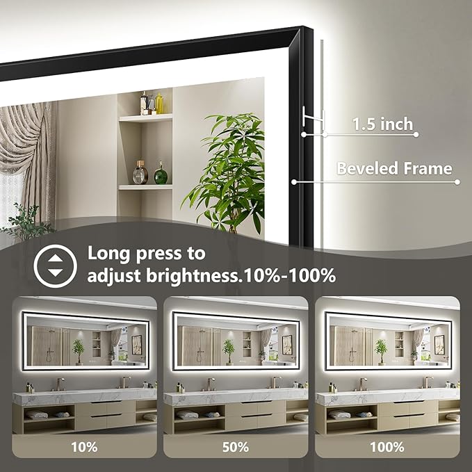 60x38 Black Framed LED Bathroom Mirror with Lights, Backlit and Front Light, Lighted Bathroom Vanity Mirror for Wall Dimmable Anti-Fog Memory Tempered Glass Horizontal/Vertical