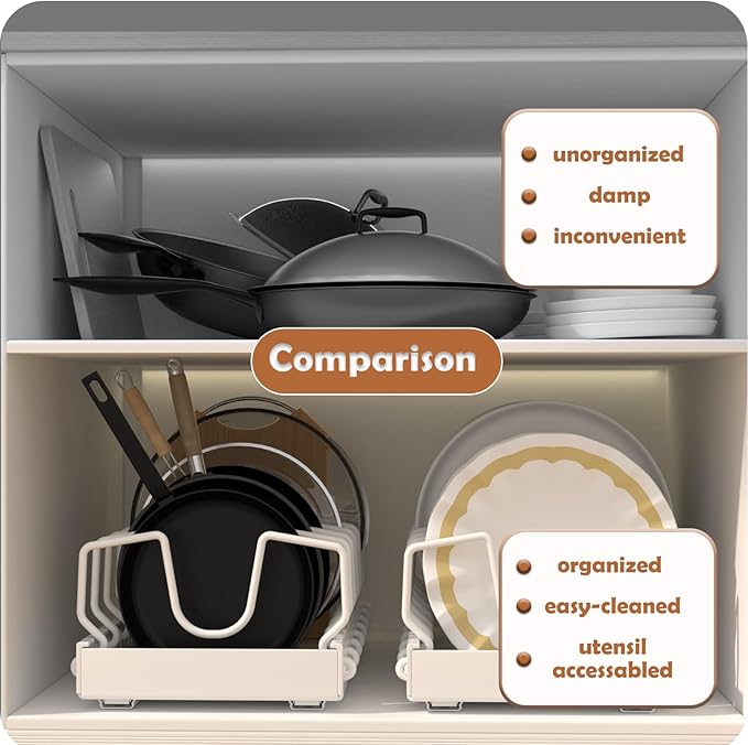 Pots and Pans Organizer Under Cabinet, Sliding Lid Holder and Pan Rack in Kitchen, Slide Out inside Cabinet Storage for Pot Lid, Bakeware, Dishes, 8 Adjustable Dividers, 1 Pack White