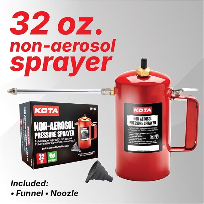 LAUCO Non Aerosol Pressure Sprayer - Refillable Pressurized Sprayer Bottle for Oil, Solvent, Degreasers, Lubricants - Rechargeable Steel Canister with Brass Nozzles, 32oz