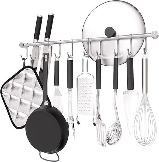 Kitchen Hanging Rack, 20 Inch Wall-Mounted Pot Holder with 10 Quiet Sliding Hooks, Rail Organizer Utensil Holder Bar for Cooking Spatulas Cups, Made of 304 Stainless Steel. (Silver)