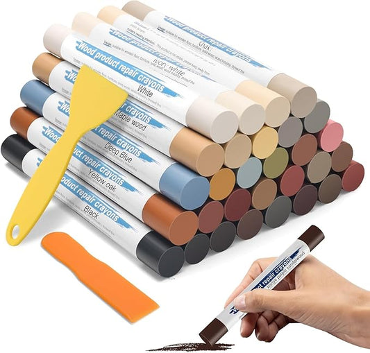 30+2P Wood Filler Sticks, 30 Colos Wood Filler Putty Wax Crayons Furniture Repair Kit Putty Stick for Baseboard Cabinets Furniture Floors(with 2 Scrapers)