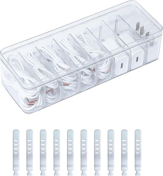 Cord Storage Organizer for Desk Drawer, Plastic Adjustable Cable Organizer Box with Lid and Wire Ties, Clear Phone Charger Case for Home Office