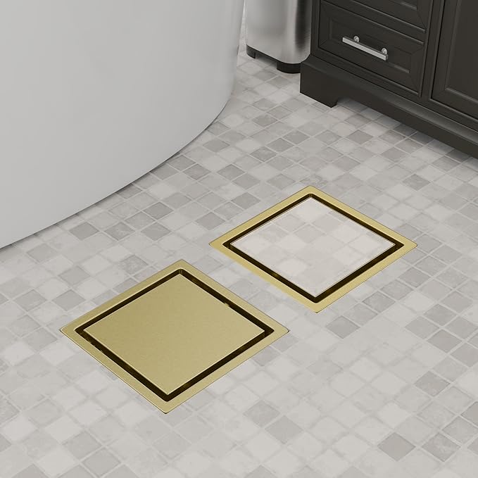 6 Inch Square Gold Shower Drain with Flange,Modern Floor Drain with 2-in-1 Cover Tiled Insert Grate,SUS 304 Stainless Steel
