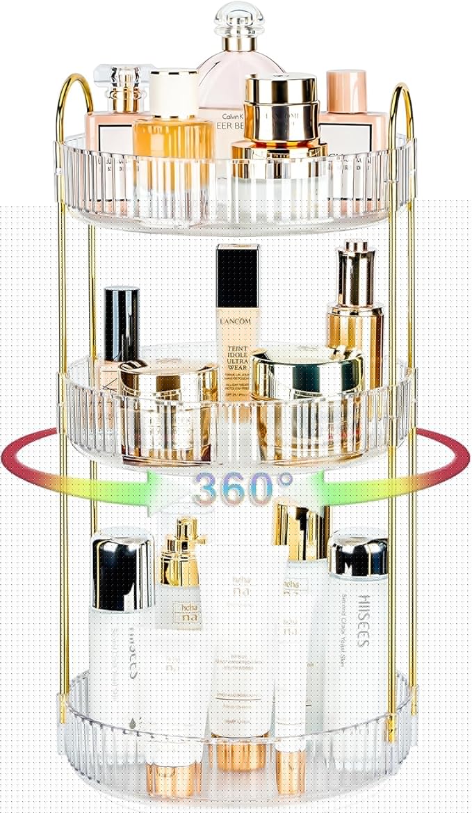360 Rotating Makeup Organizer - Large Capacity Spinning Perfume & Cosmetic Skincare Holder for Countertop (Pearl White, 3 Tier)