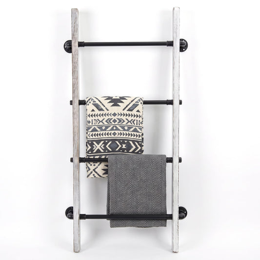 MyGift Whitewashed Wood Blanket Ladder, Metal Pipe Towel Rack - Image 1
