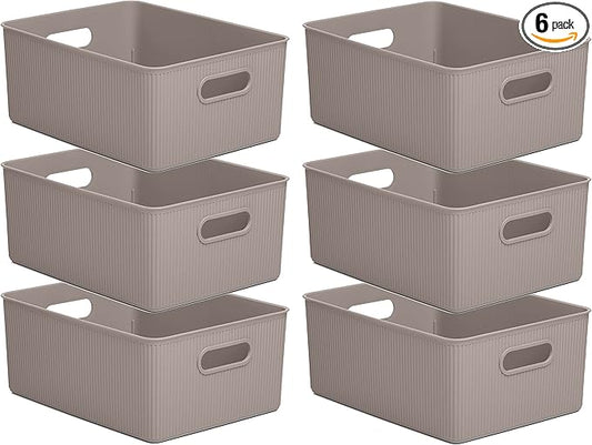 Decorative Plastic Basket Open Home Storage Bins Organizer, Large Taupe (6 Pack) Container Boxes for Organizing Closet Storage Bins for Shelves Drawer Shelf - Ribbed Collection 15 Liter/16 Quart