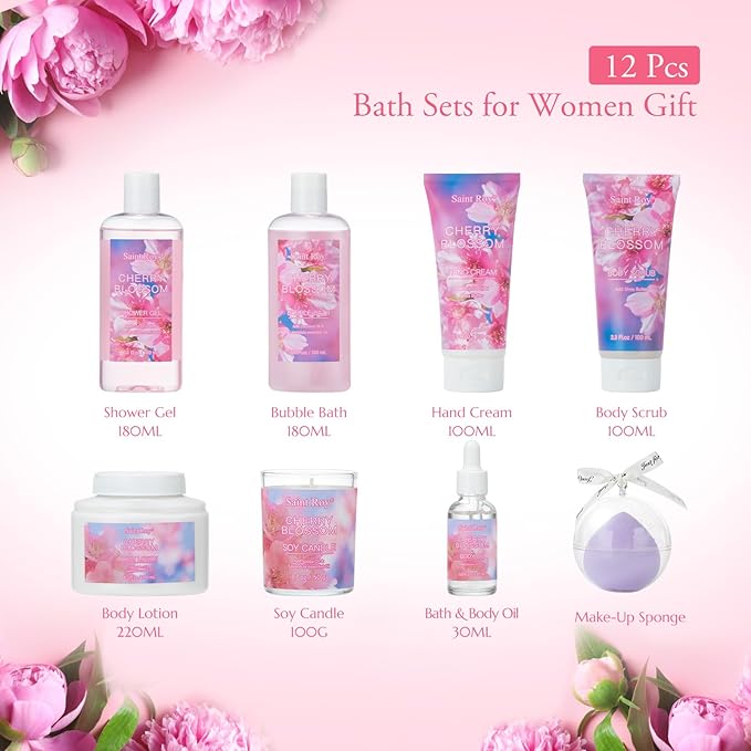 12 Pcs Bath & Body Gift Set Basket for Women, Cherry Blossom Bath and Body Gift, spa kit Skin Care Set, Self Care Pampering Kit, Diffuser, Home Spa, cosmetic Bag, Birthday, Mother Day, Bridal Shower
