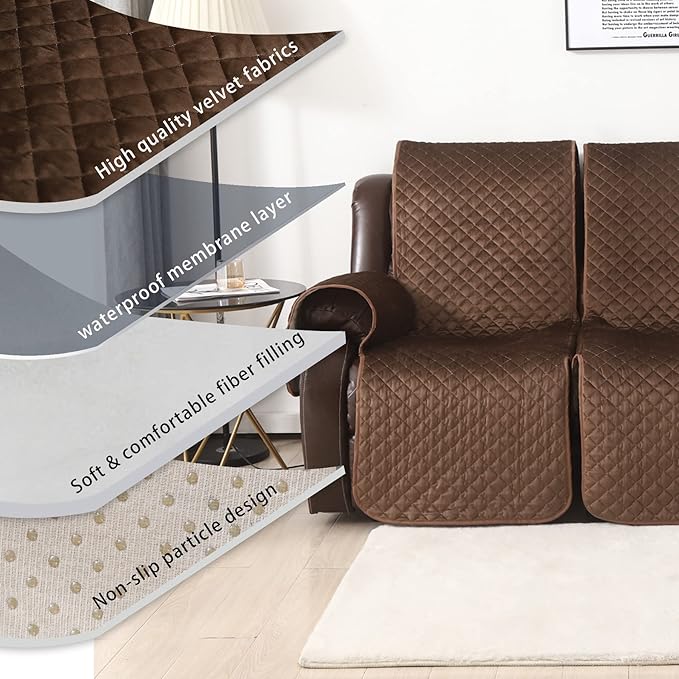 LUFEIJIASHI Non Slip Recliner Sofa Covers,Velvet Waterproof Recliner Couch Covers for 3 seat,Washable Reclining Couch Cover Furniture Protector for Dogs,Pets (Brown, 3 Seater)